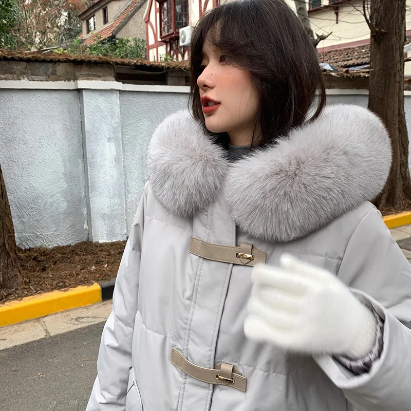 Down jacket women's mid length, knee length, large fur collar, thickened design, mesh red, and winter jacket trend