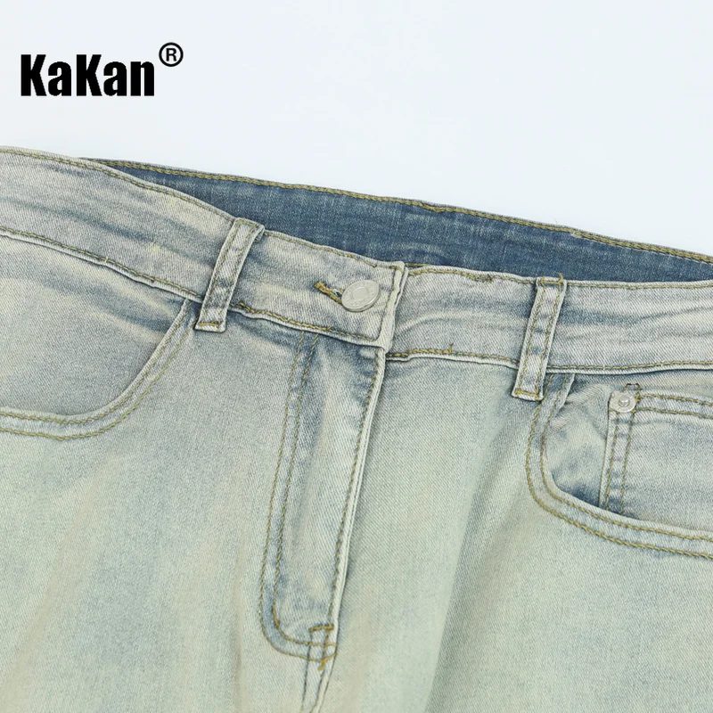 Kakan - European and American Street Micro Elastic Yellow Mud Sand Washed Jeans for Men, Youth Zipper Straight Length Jeans5820