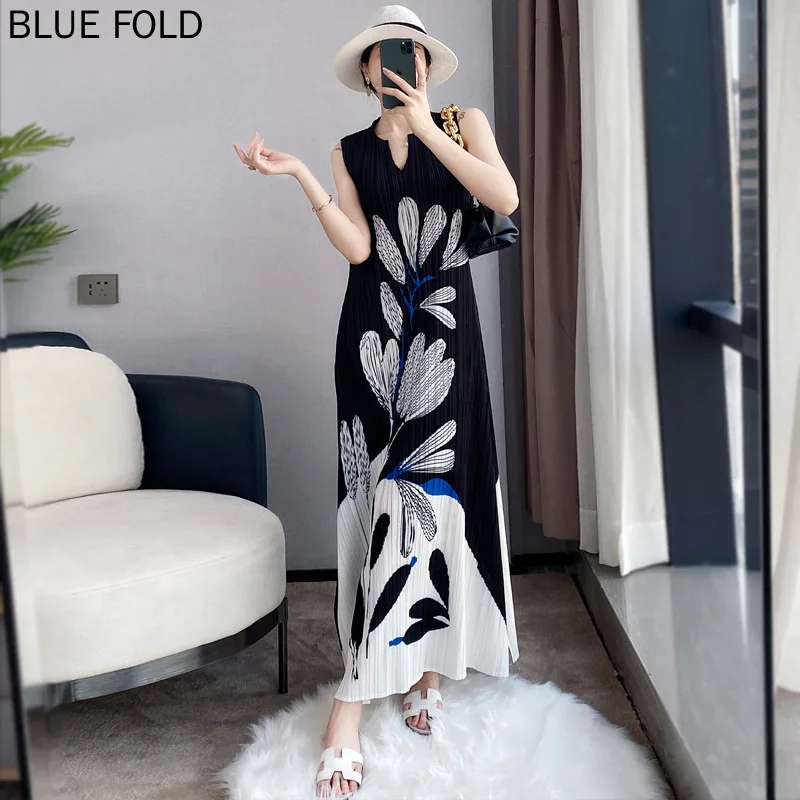 

Miyake Pleated Summer Dress Fashion Age Reduction Printing Large Size Women's Vest Dresses Women PLEATS Elegant Vestido