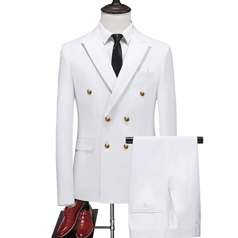 Men Slim Fit Fashion Business Casual Double Breasted Blazers Jacket Coat Trousers Wedding Groom Party Skinny 2 Pcs Suits Pants mens suit