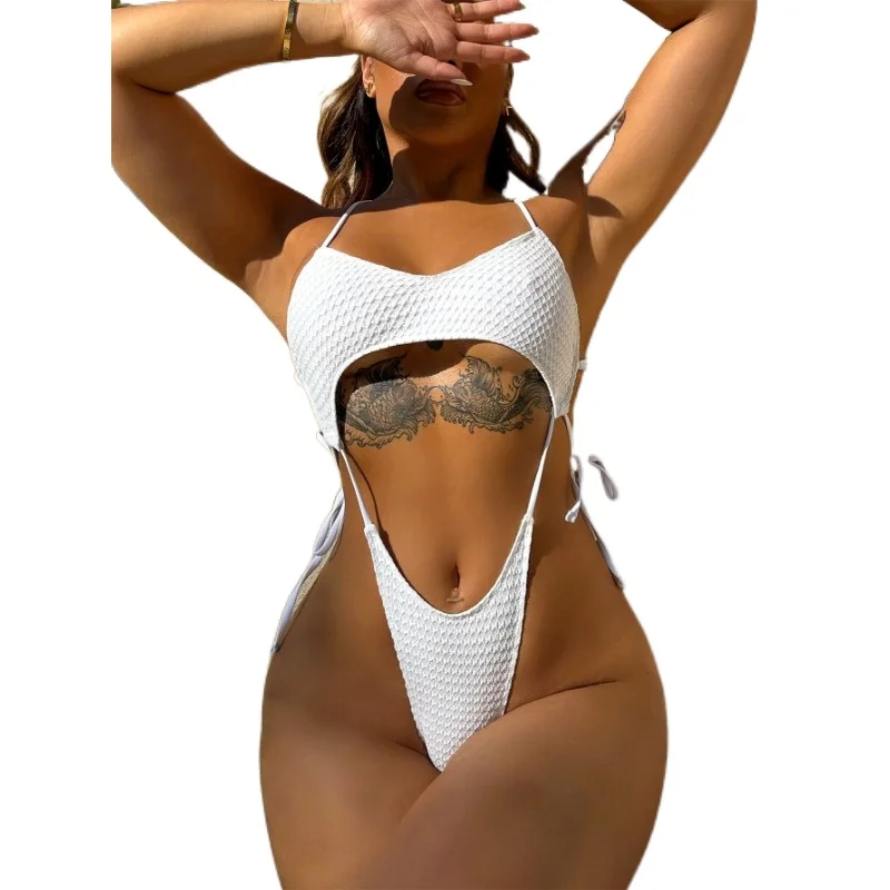 

Halter Swimwear Women Mesh Hollow Push UP One Piece Swimsuit Monokini Backless Cross Bathing Suit