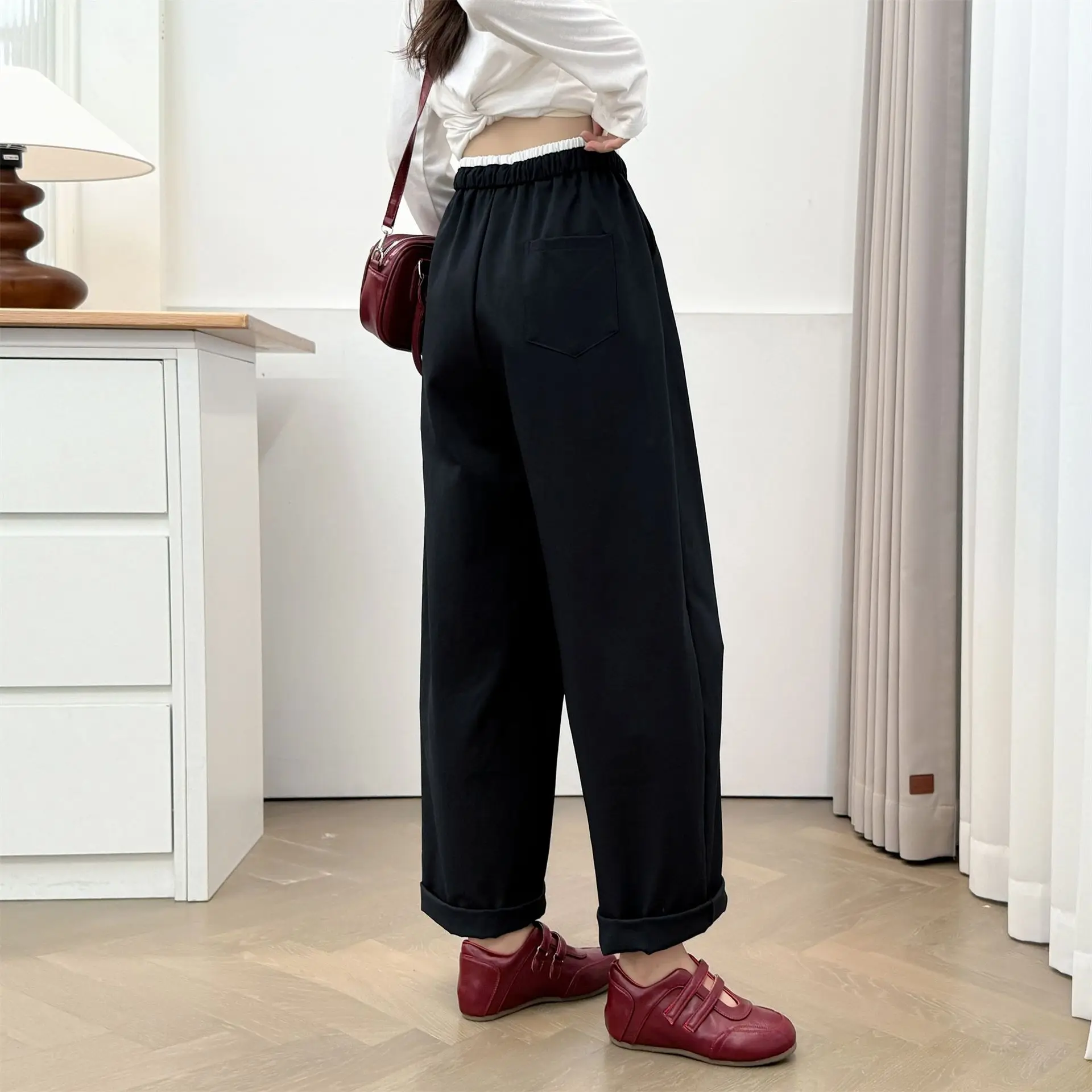 Fashion Plus Size Women's Pants Autumn Of 2025 Drawstring Waist Casual Splice Wide Leg Trousers 2218