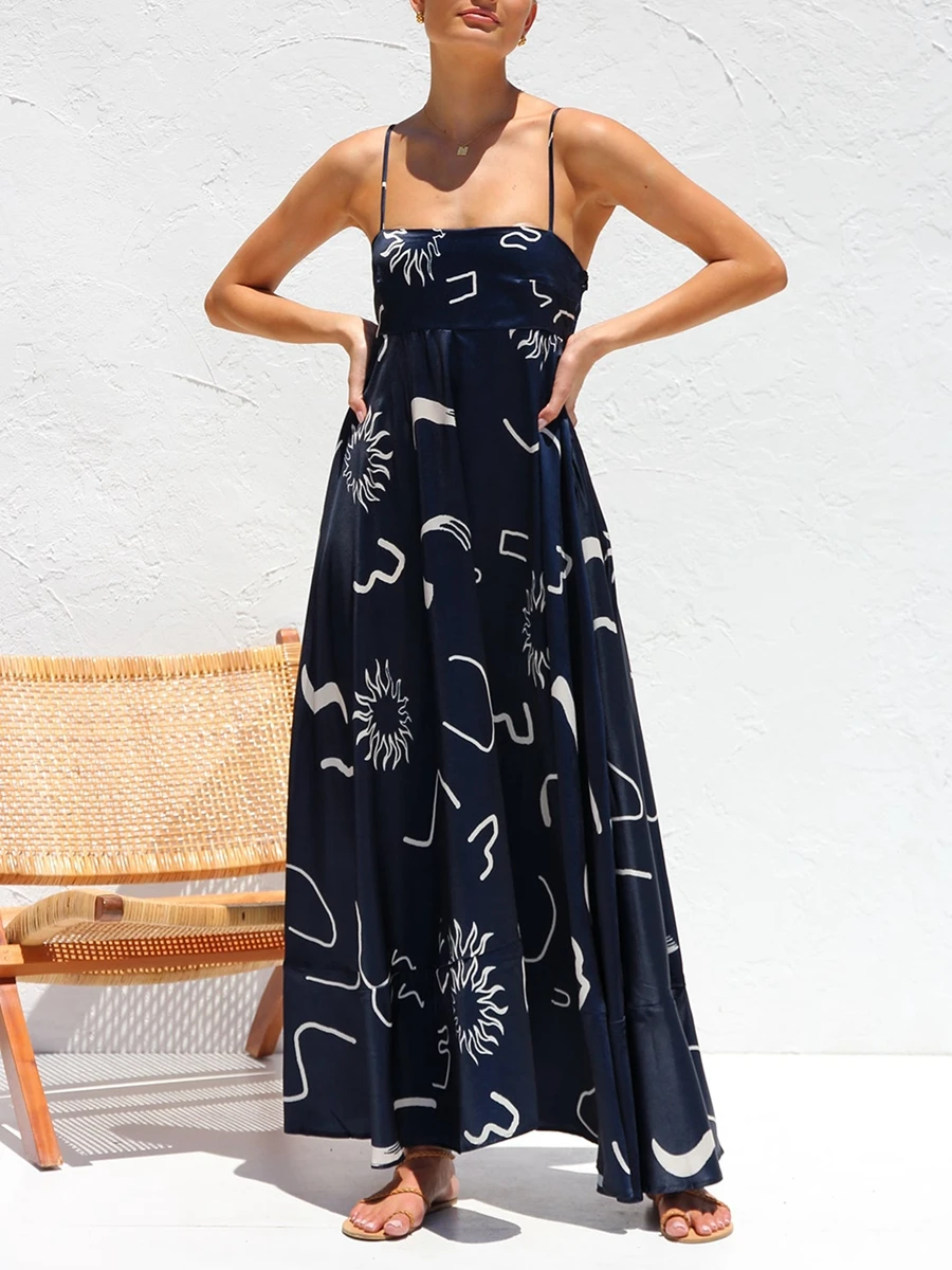 

Women Graphic Maxi Cami Dress Spaghetti Strap High Waist Flowy Beach Long Dress Bohemian Summer Holiday Sundress