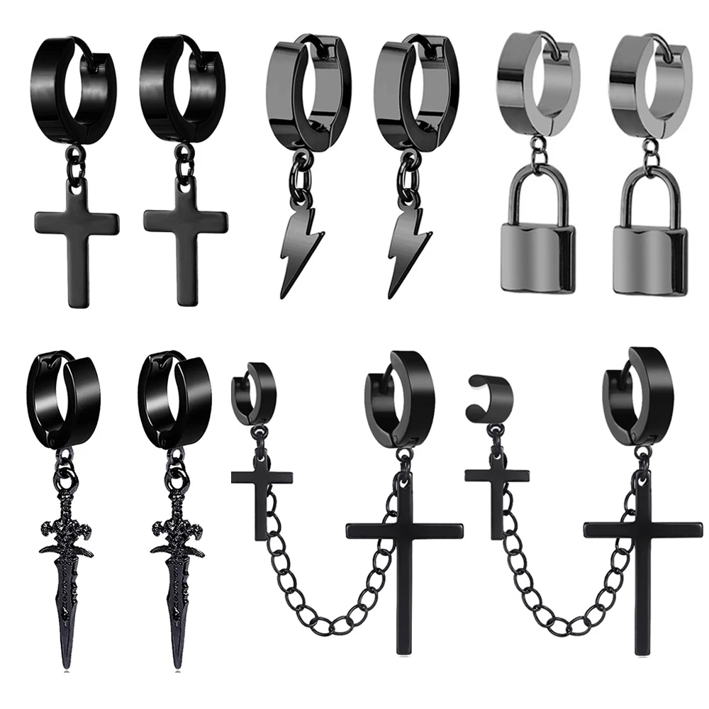 WKOUD Unisex Punk Hip Hop Stainless Steel Lock Thunder Lightning Black Bolt Dangle Huggie Hoop Earrings For Women Men Boy Teens