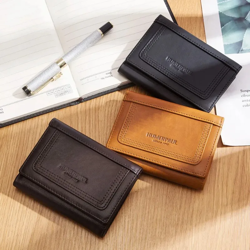 

Genuine Leather Men Wallets RFID Blocking Mini Card Holders Luxury Tri-fold Short Clutch Money Bag with Zip Coin Purse