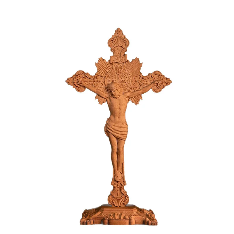 Handmade St. Benedict Wooden Cross Statue Religious Home Altar Decor with Base, Carved Catholic Christian Figurine,Blessing Gift