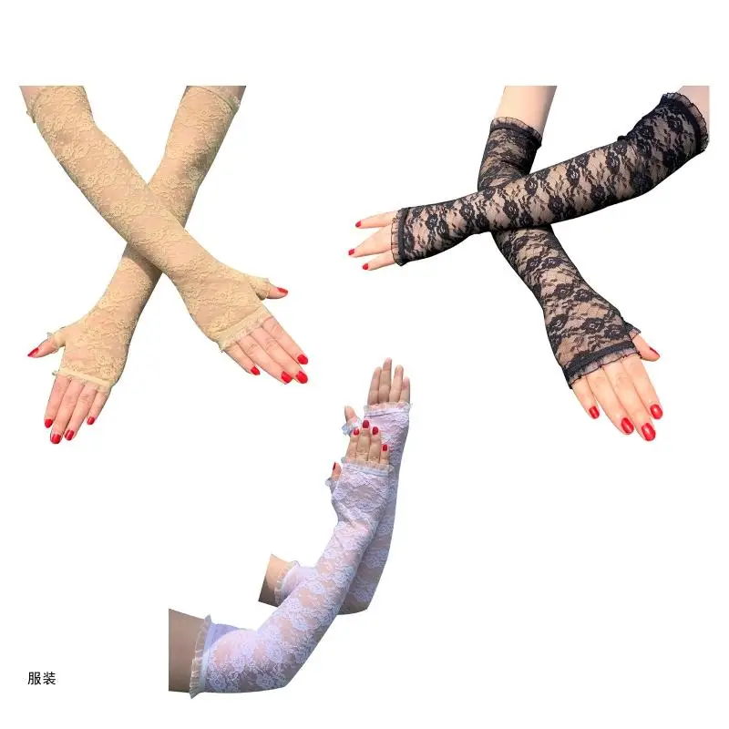 

D0UD Women Floral Decor Long Sleeve Gloves Elastic Fishingnet See Through Sexy Gloves