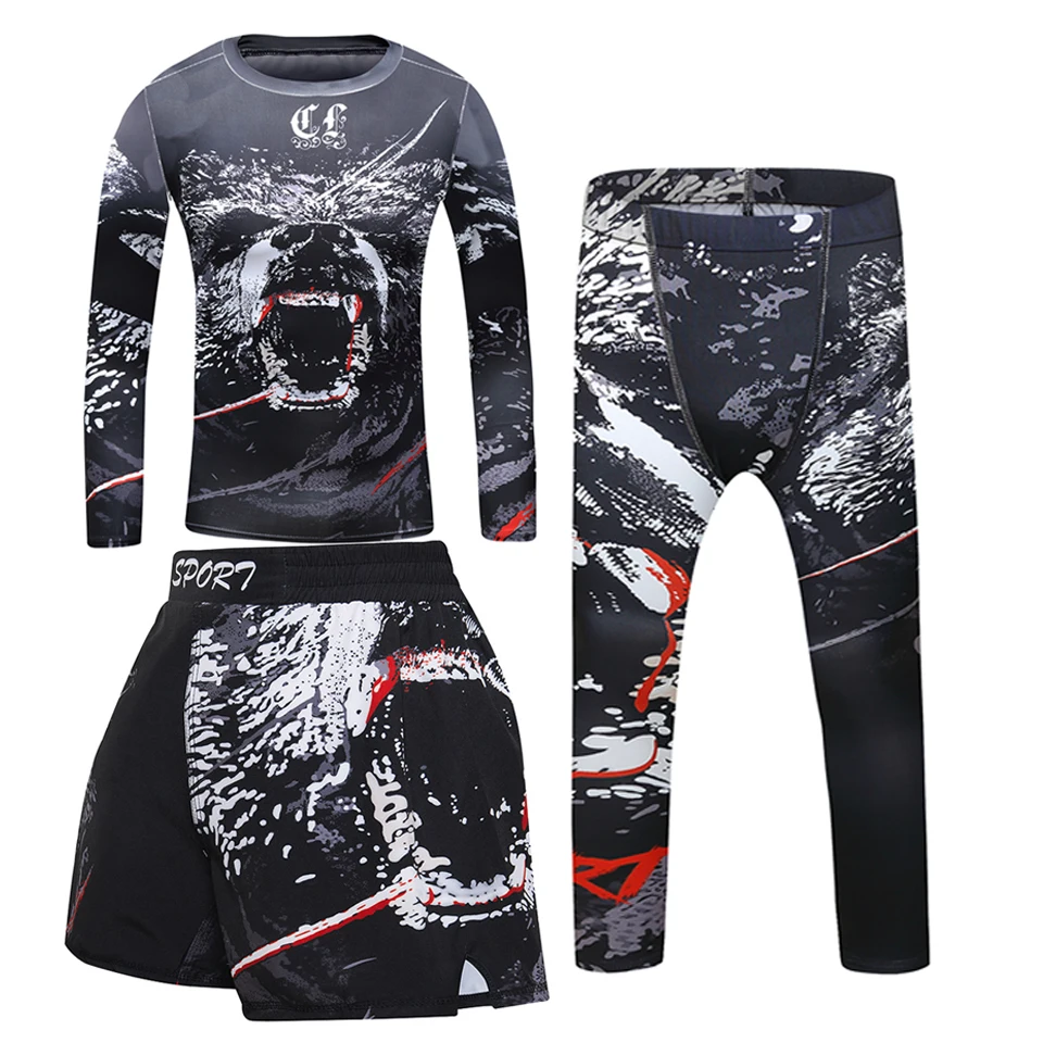Sports Apparel BJJ GI Kids MMA Rashguard T-shirt + Pants Set Jiu Jusit Tights Muay Thai Shorts Rash Guard For Children MMA Compression Sportsuit