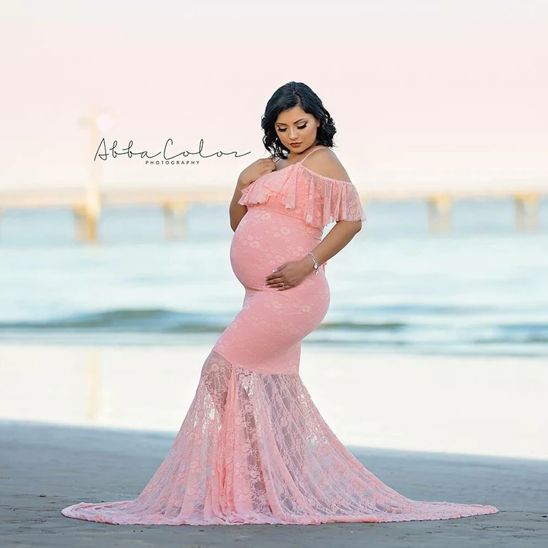 

Summer Maternity Dresses for Photo Baby Shower Ruffles Lace Fishtail Purple Red Pink Pregnancy Shooting 2022
