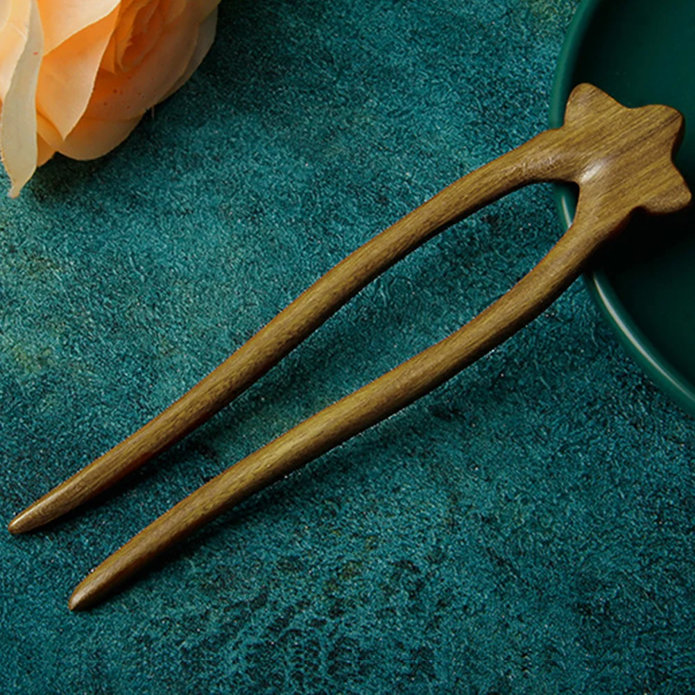 Green Sandalwood Star Double Hairpin Shaped Pins Wooden Sticks Lettering French Accessories for Thick Buns Chinese Miss 3