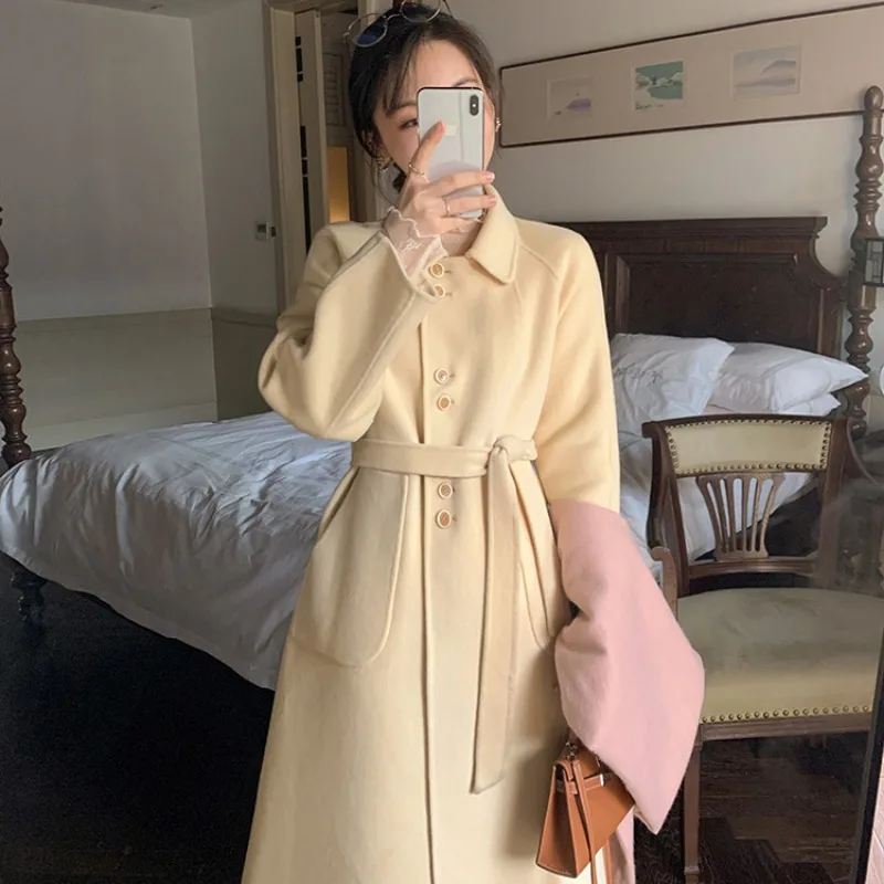 Women's High-End Reversible Cashmere Coat, Long, Below the Knee, Hepburn Style, Loose Woolen Outwear, Female Casual Top, Winter