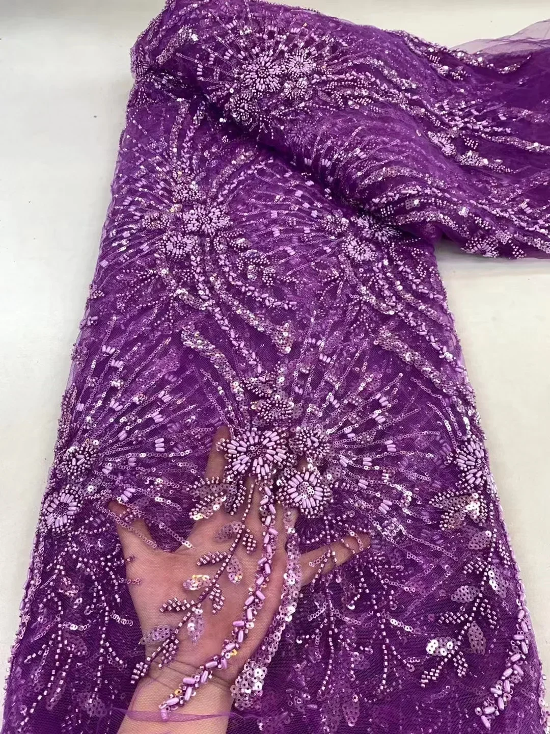 High-Quality African Sequined Beaded Lace Fabric Nigerian Embroidered Cotton Handmade 5Yards for Women's Party Dresses
