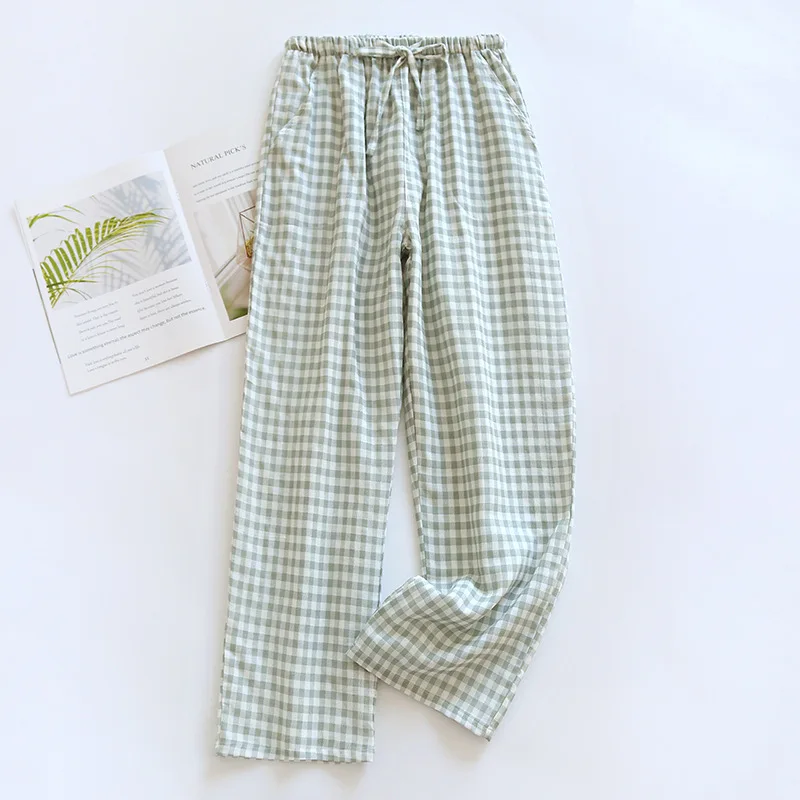 2024 New Japanese Spring/Summer Couple Sleepwear 100% Pure Cotton Gauze Men's and Women's Long Pants Thin Plaid Loose Home Pants
