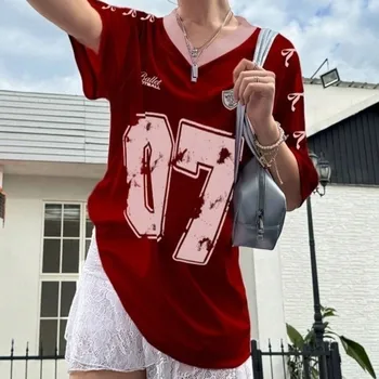 T-shirt da tennis sportive con scollo a V Adolescenti Stampa di numeri per adolescenti Top corto femminile Camicia casual con fiocco di grandi dimensioni