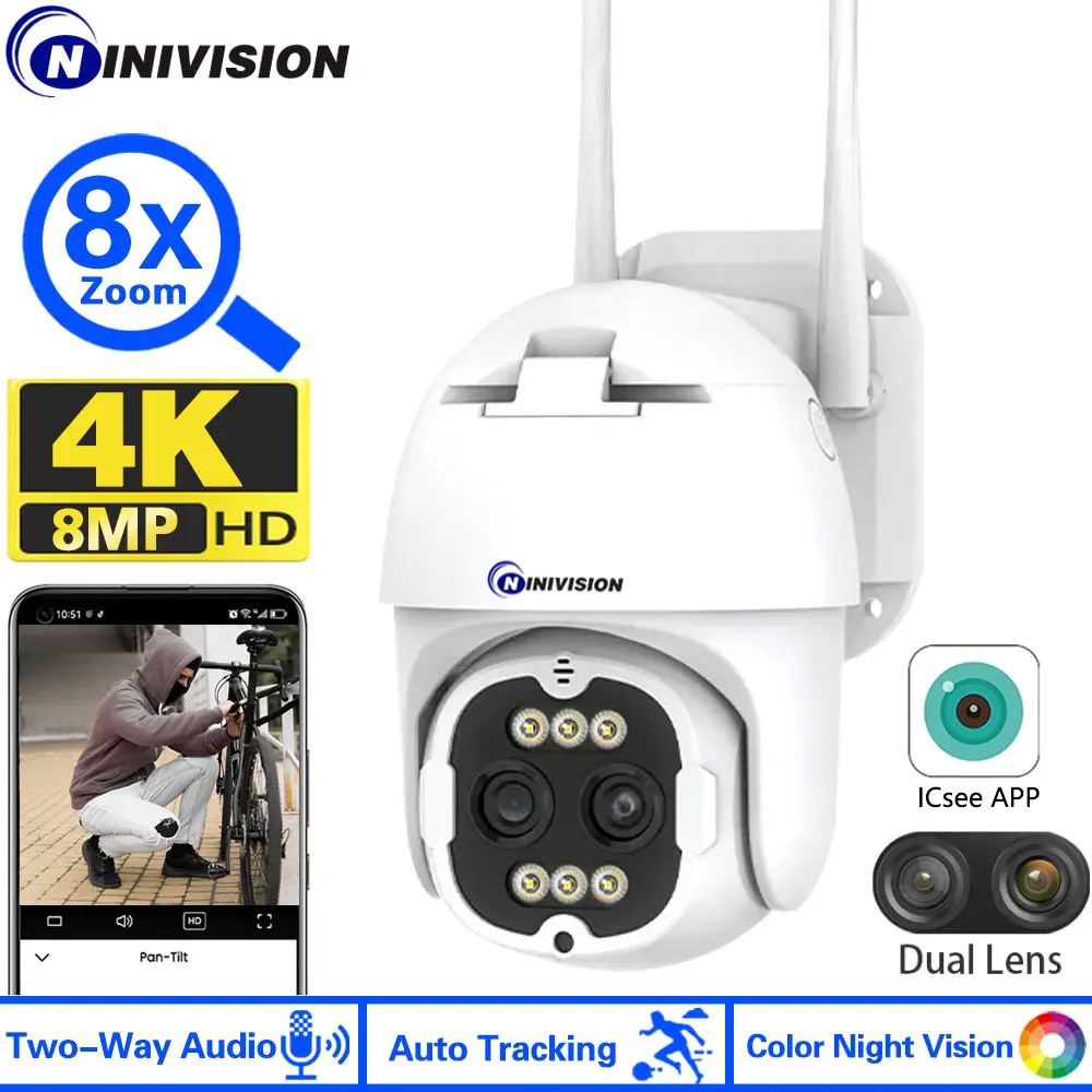 4K Smart 2.8-12Mm Dual-Lens 8X Zoom Digitale 8Mp Wifi Camera Icsee App Audio Bidirezionale Auto Track Telecamera Di Sicurezza Wireless Esterna