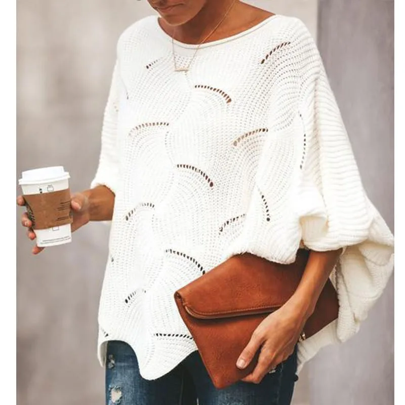 

Casual Loose Sweater Women Fashion Knitted Bat Sleeve Ladies Sweater Winter Knitwear New Pullovers Hollow Out New Tops 28597