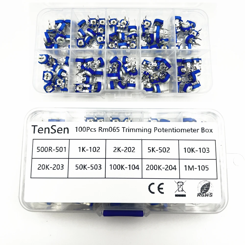 RM065 Carbon Film Horizontal Trimpot Potentiometer Assortment Kit 100Pcs/Box 10 Values Variable Resistor 500R 1K 2K 5K 10K-1M