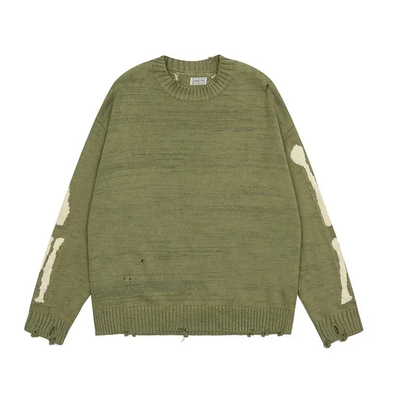 KAPITAL Hirata Hiroshi Back Bone Green Torn Hole Long Sleeved Loose Fitting Sweater for Men and Women's Fashion 5