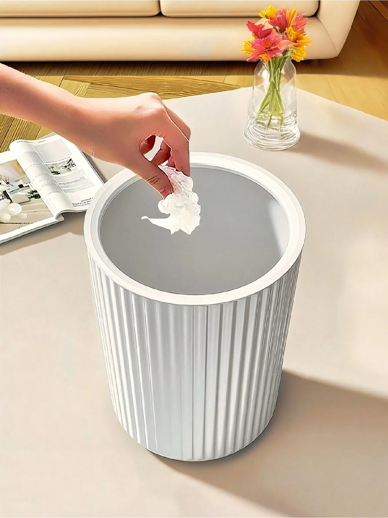 Desktop Trash Can Trash Can 1pc Simple Striped Trash Can for Bedroom Living Room Bathroom Waste Management