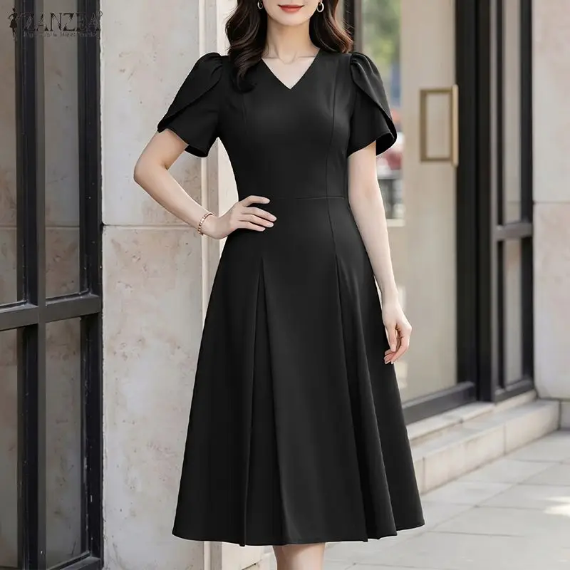 ZANZEA Abito estivo elegante da donna con scollo a V e maniche a petalo, vestito casual a pieghe a trapezio tinta unita per l'ufficio o le vacanze - immagine 5