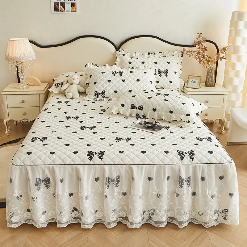 

AI WINSURE French Printed Bed Cover King Size Cotton Quilted Bedspread Lace Elegant Ruffle Queen Double Bed with 2 Pillow Shams