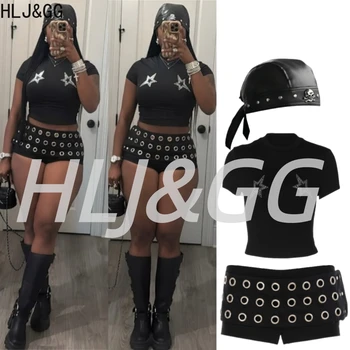 HLJ&GG Black Y2K Fashion Punk Hollow Shorts Two Piece Sets Women Round Neck Rhinestone Slim Crop Top + Shorts Outfits Streetwear 1