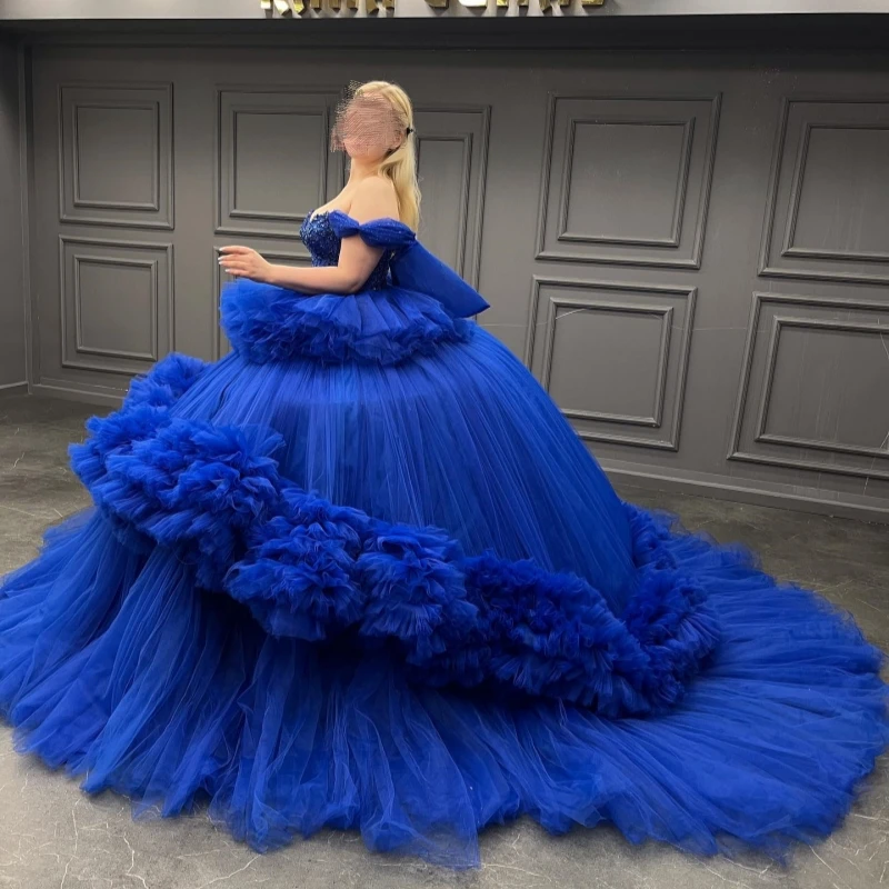 

Royal Blue Sweetheart Quinceanera Dresses Off The Shoulder Beads Tull Tiered Sweet 16 Prom Birthday Party Gown Vestido De vx 15