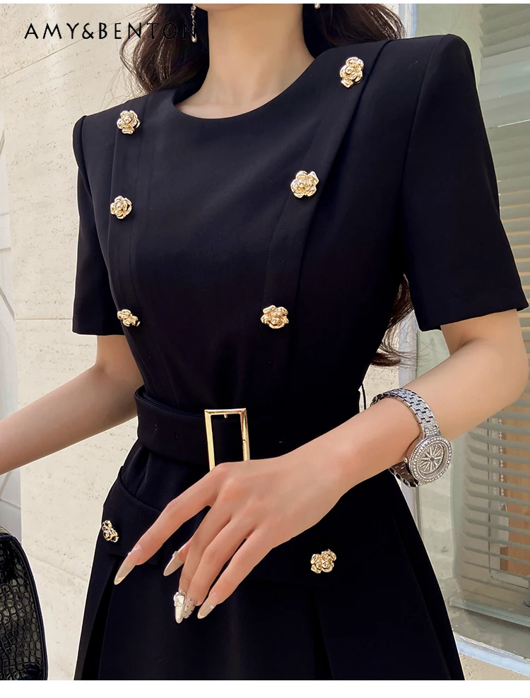 

High Class Elegant Slim Double-Breasted Black Dress 2024 Summer New Hepburn Style Elegant Drill Buckle A-ling Dress for Women