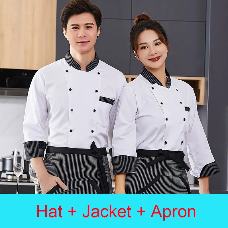 White Chef Jacket Men Long Sleeve Kitchen Clothes Hotel Chef's Uniform Catering Cook Cooking Cap Bakery Apron for Waitress