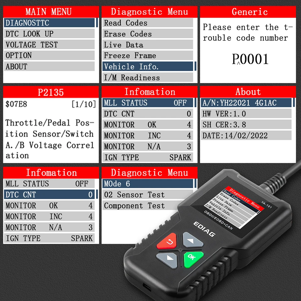 OBD2 Scanner YA-101 Car Code Reader for Check Engine Light,O2 Sensor and EVAP Test, On-Board Monitor Test Mode 6,Smog Check,OBD2 Diagnostic Scan Tool KINGBOLEN® YA101 OBD2 Scanner for Check Engine Light