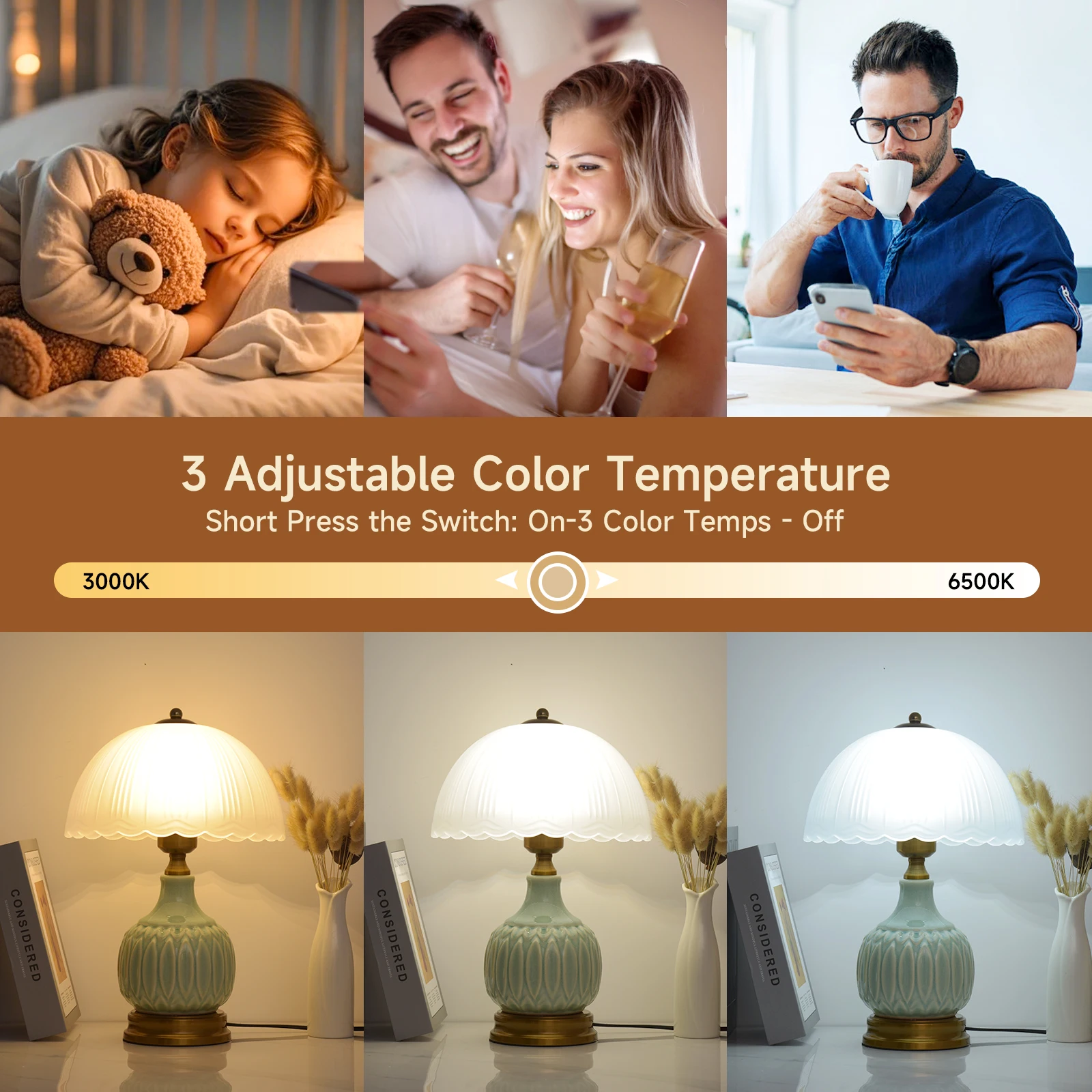 Vintage Lamp for Living Room,16" Modern Ceramic Table Lamps for Bedroom,Retro Bedside Nightstand Traditional Lamps,Classic Chino