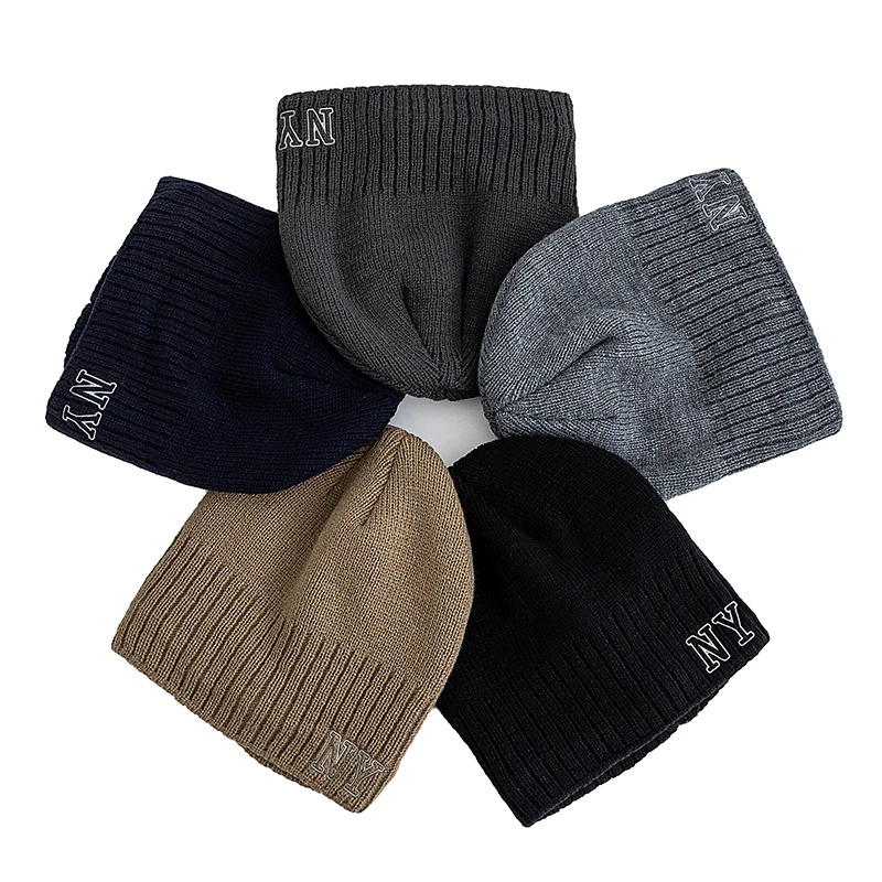 New Style Unisex Autumn/Winter Hats Plush Fur Lined Men Women Warm Beanie Cap Casual NY Printing Winter Ski Knitted Hats