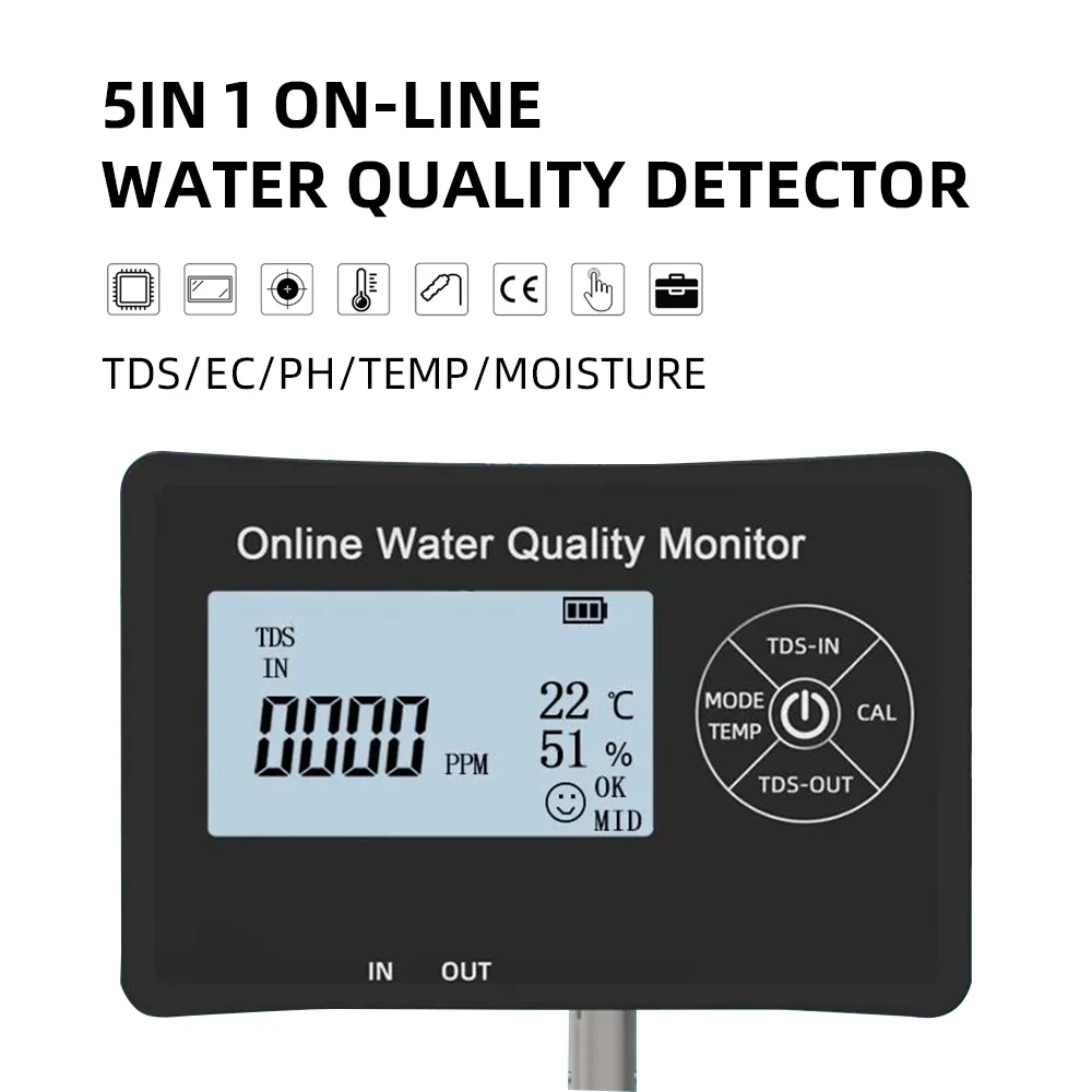 5 In 1 Online PH Meter Detector TDS/PH/EC/Temperature/Humidity Online Water Quality Tester Multi-parameter Aquarium Monitor