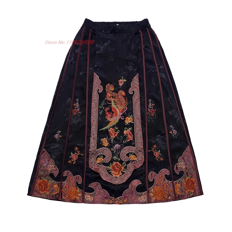 chinese satin jacquard skirt national flower embroidery ethnic skirt oriental improved a-line elastic waist folk