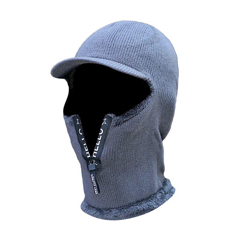 Men Knitted Woolen Hats Winter Zipper Plush Hat Collar Set Cap Outdoor Cycling Neck Protection For Male