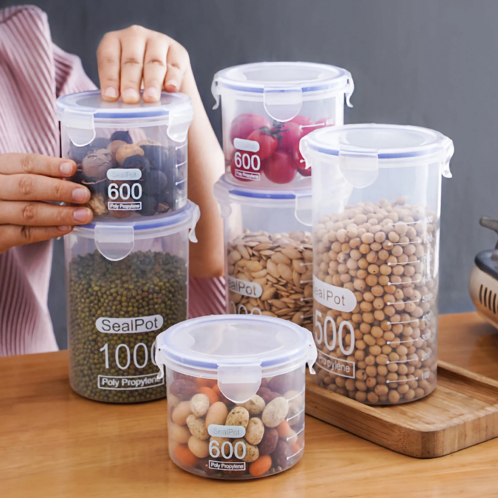 

Plastic Food Storage Box Sets Stackable Kitchen Sealed Jar Multigrain Tank Bottle Dried Fruit Tea Storage Containers