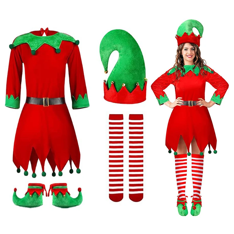 

4pcs 2022 New Christmas Children's Clothing European American Parent Child Cosplay Costume Cute Red Elf Hatted Baby Girl Dress