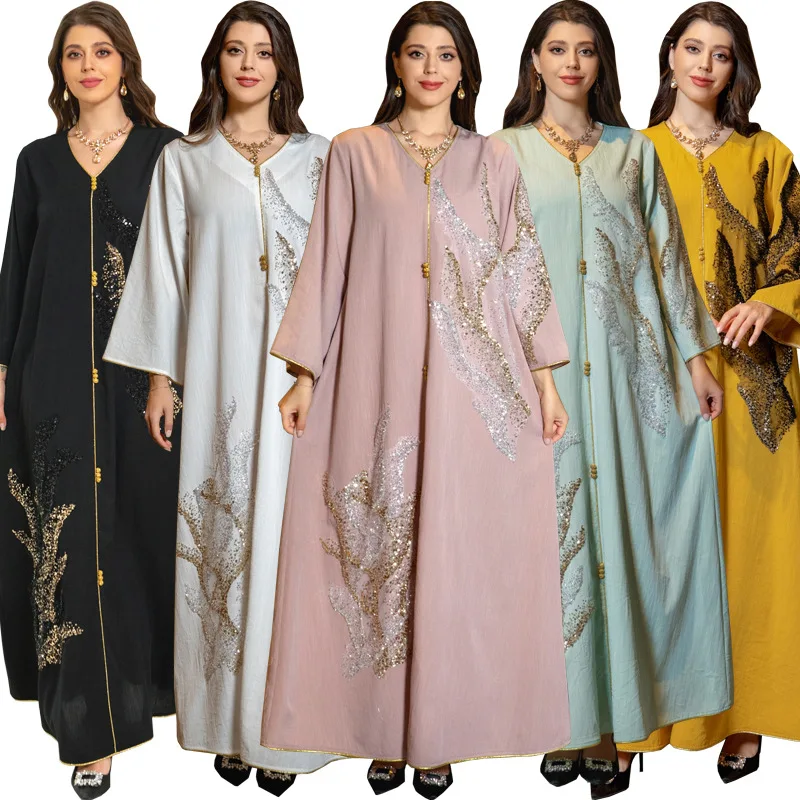 2023 Abaya for Women Dubai Floral Embroidery Luxury Sequined Casual Loose Dress Elegant Muslim Fashion Abaya Kaftan Dress 2