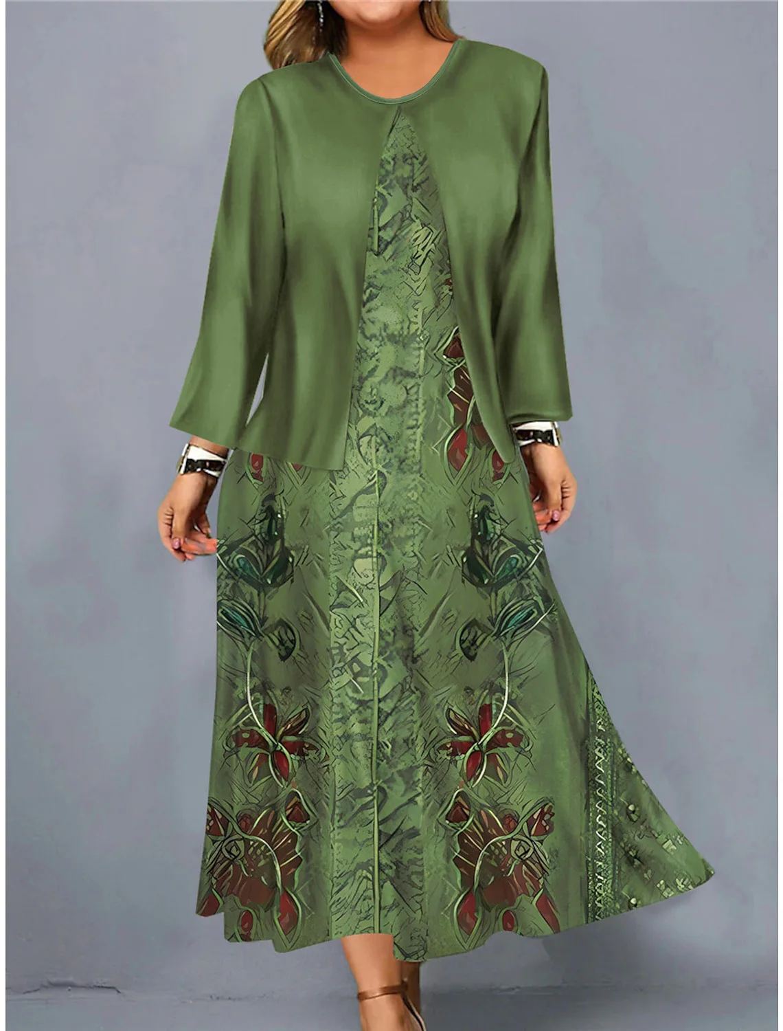 Women's Plus Size Casual Long Sleeve Round Neck Floral Print Fake Two Piece Dress