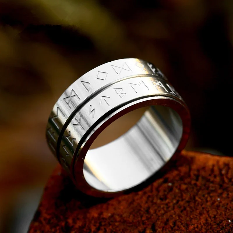 

Vintage Simple Silver Viking Runes Spin Stainless Steel Men Rings Punk Trendy for Women Biker Fashion Jewelry Gift Wholesale