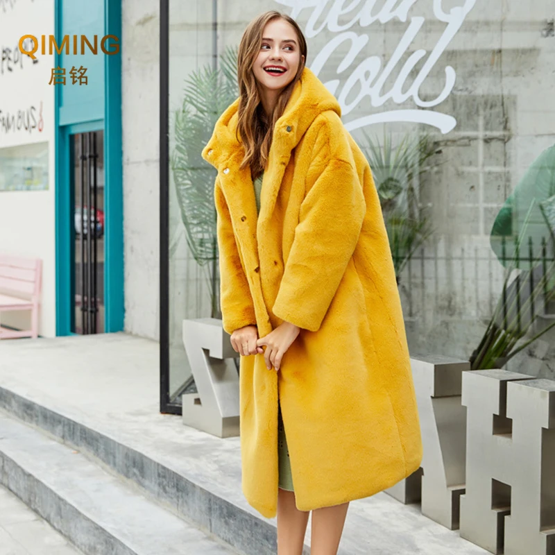 Winter Women Faux Rabbit Fur Coat Luxury Long Fur Coat Hooded