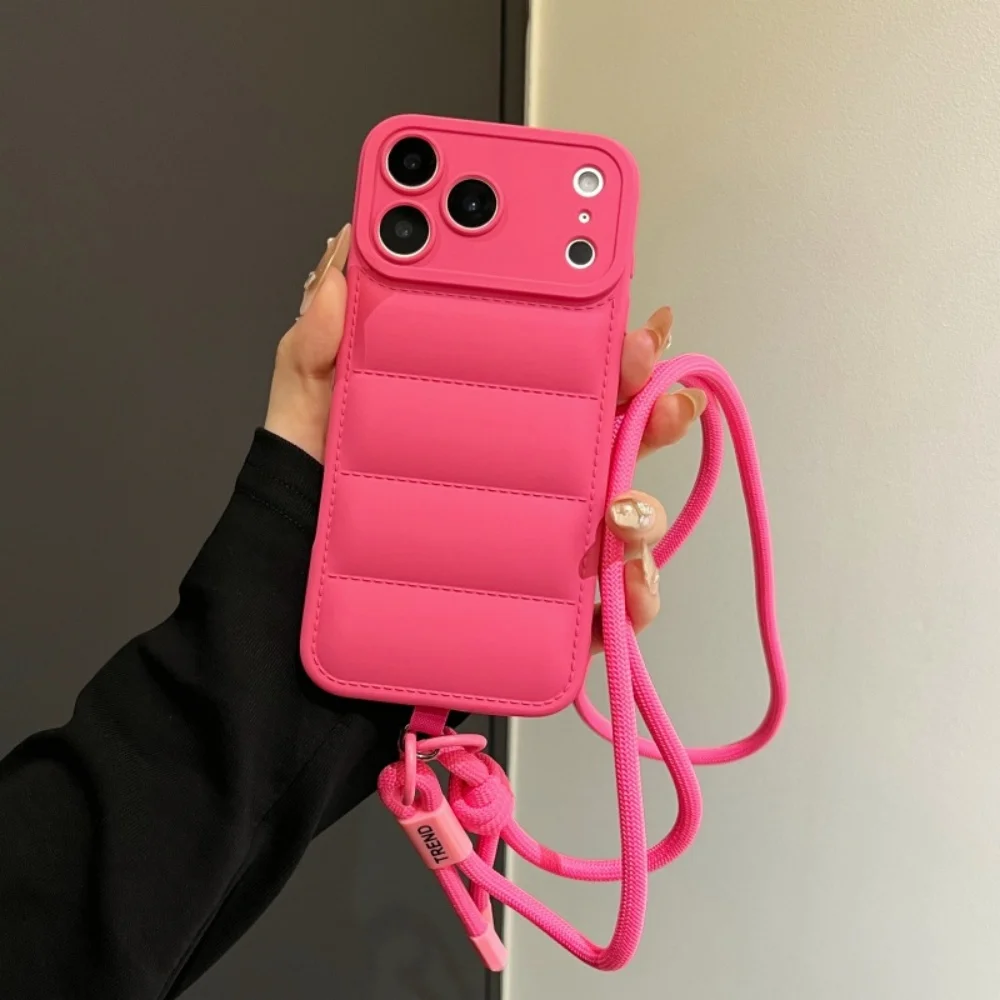Stylish Down Jacket Crossbody Phone Case with Long Strap - Solid Color Cover