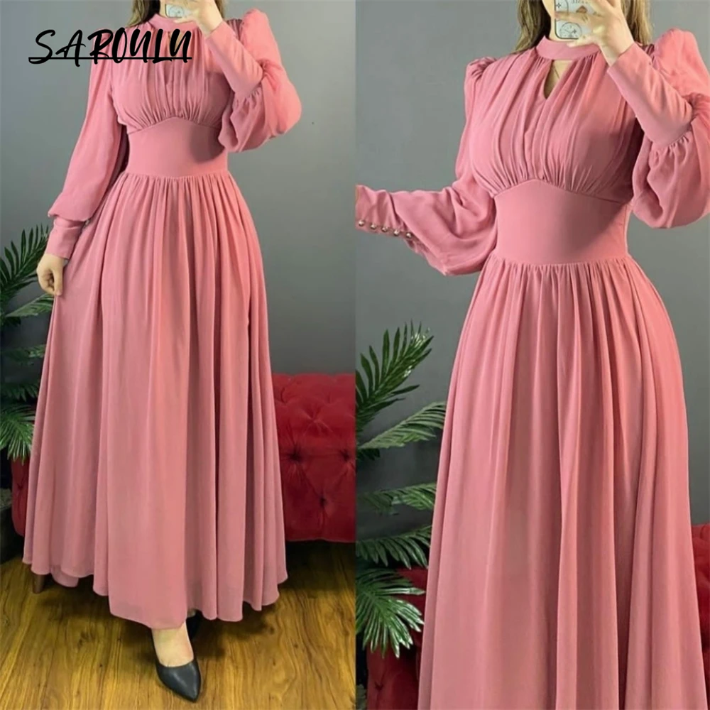 

Chiffon Prom Dresses with Pockets Robe De Soiree Floor Length Zipper Back Formal Party Gowns Elegant A-Line Long Sleeve V-Neck