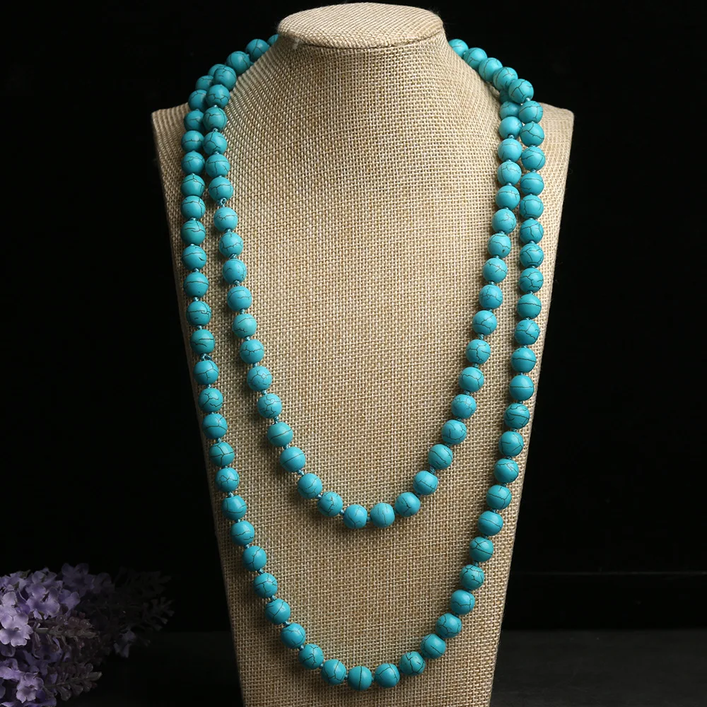 

Natural 8/10mm Blue Turquoise Gemstone Round Bead Necklace 48''