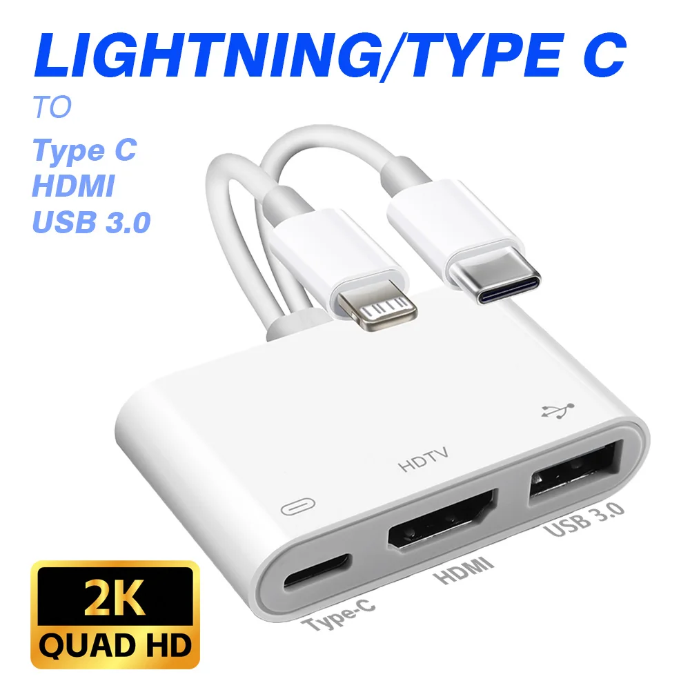 Lightning/Type-C to HDMI Adapter for iPhone iPad Samsung to TV 2K Digital AV HDMI Adapter Cord