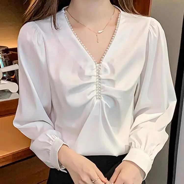 

Women Spring Summer Style Blouses Shirts Lady Casual Long Sleeve V-Neck Ruffles Decor Blouses Tops 2024 Tops Blouse V133