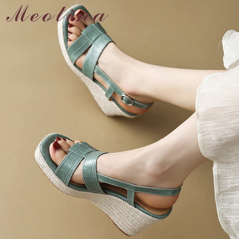 

Meotina Women Genuine Leather Sandals Square Toe Platform Espadrille Wedges High Heels Buckle Sewing Ladies Fashion Shoes Summer