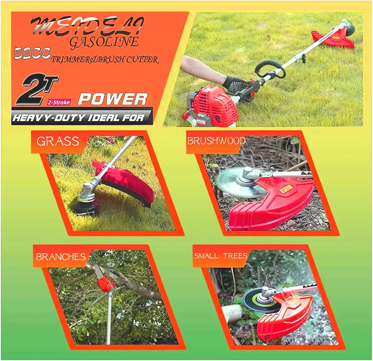 Grass Trimmer 52cc 5 in 1 Gas Powered Brush Cutter Gas String Hedge Trimmer Pole Saw for Quick Weed Grass Cleaning