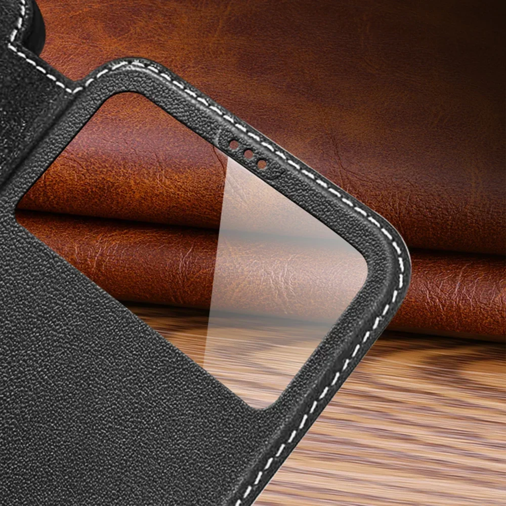 Premium Genuine Leather Magnetic Flip Phone Case with Clear View Window