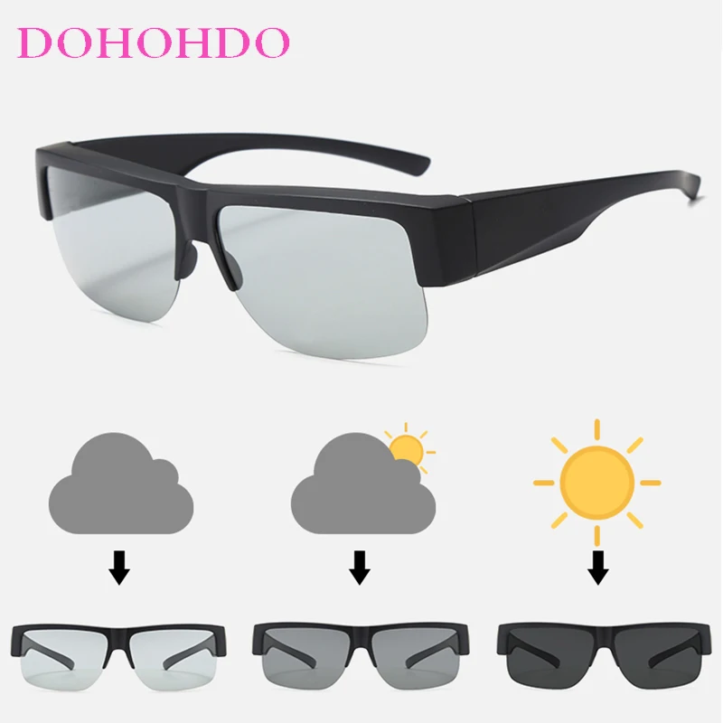 Vintage Half-Frame Polarized Sunglasses with Photochromic Black Lenses